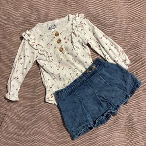 Nicole Miller White Floral Top and Blue Shorts Set